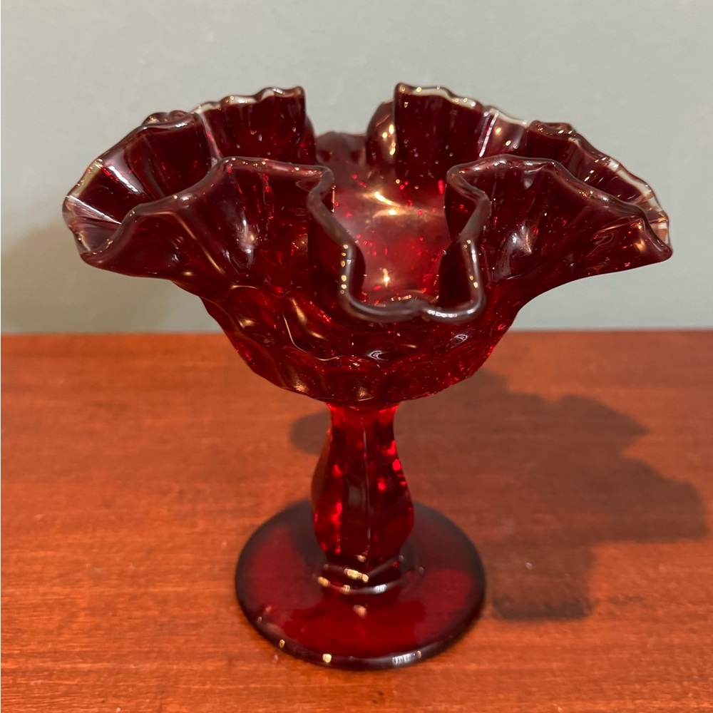 Vintage FENTON Thumbprint Ruby Glass  Silver Crest Compote Candy Dish 5 3/4”
